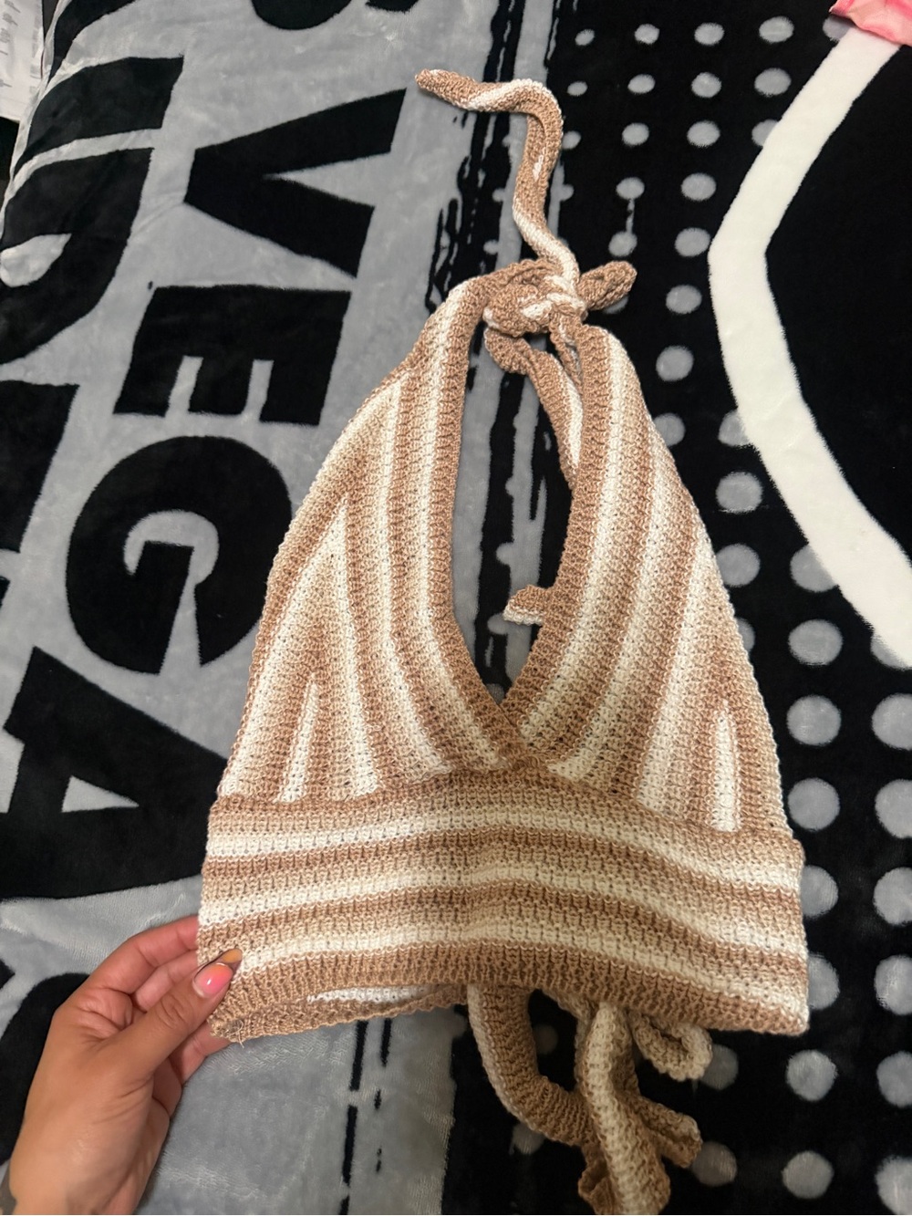 Striped Crochet Halter Bag in Beige and Cream